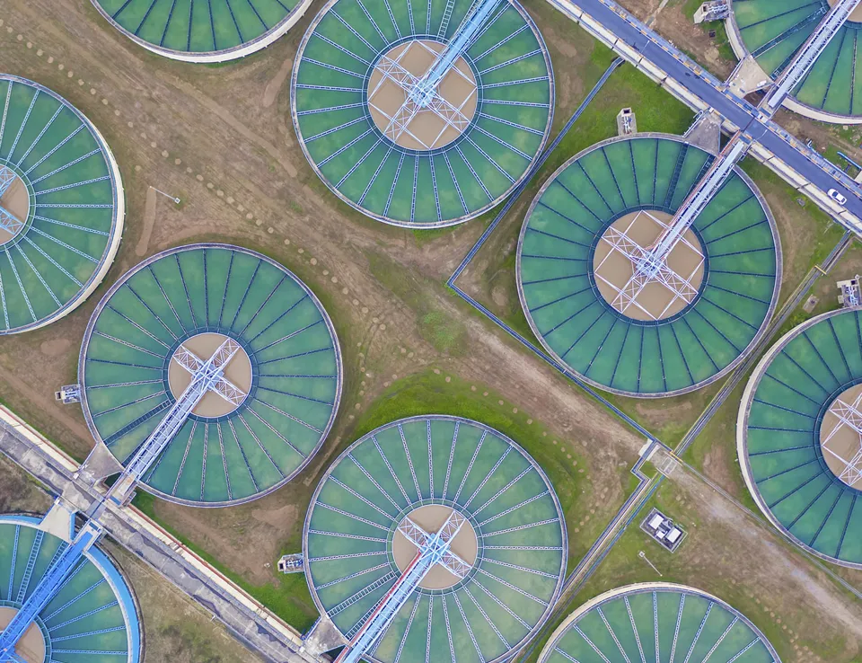 Aerial Top View Recirculation Solid Contact Clarifier Sedimentation Tank. 1453X1125