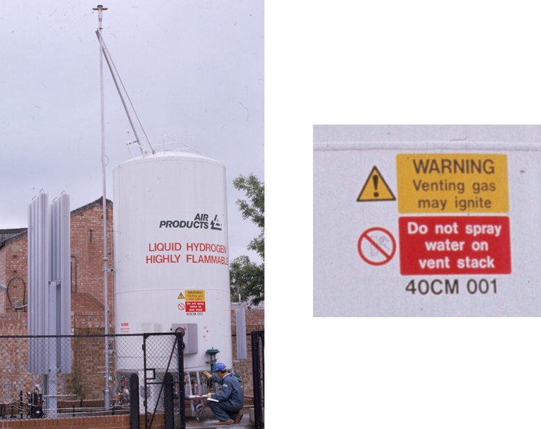 Air Products liquid hydrogen storage tank showing vent stack and mandatory signage warning not to spray water onto vent stack
