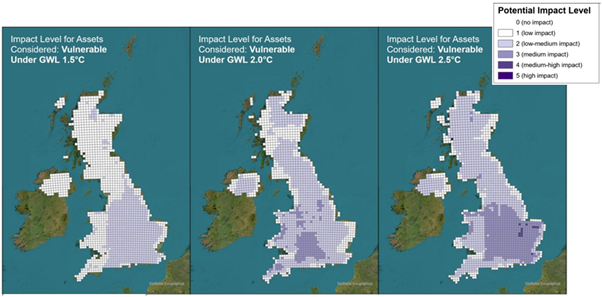 Graphic of UK showing impact of extreme heat to assets under different global warming levels