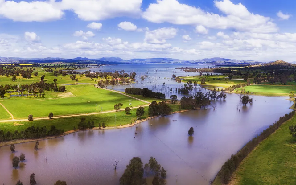 Panorama Above Murray River Flowing Through Hume Lake In Regional Rural NSW Surrounded By Green Cultivated Agricultural Fiels Of Farms 1 Scaled