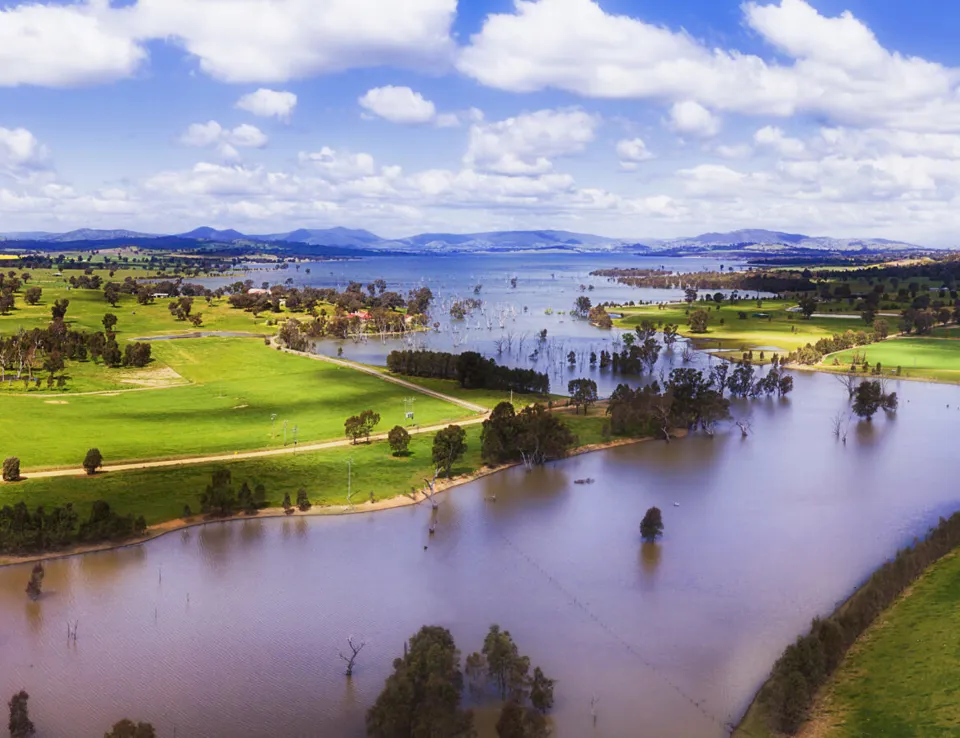 Panorama Above Murray River Flowing Through Hume Lake In Regional Rural NSW Surrounded By Green Cultivated Agricultural Fiels Of Farms 1 Scaled