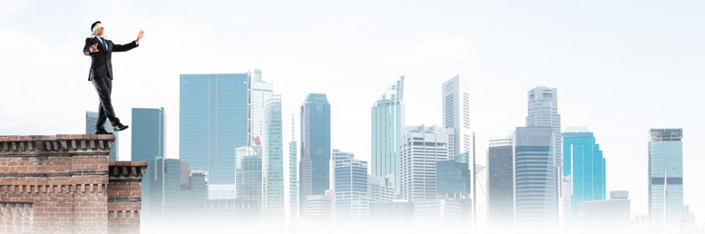 businessman stepping of building