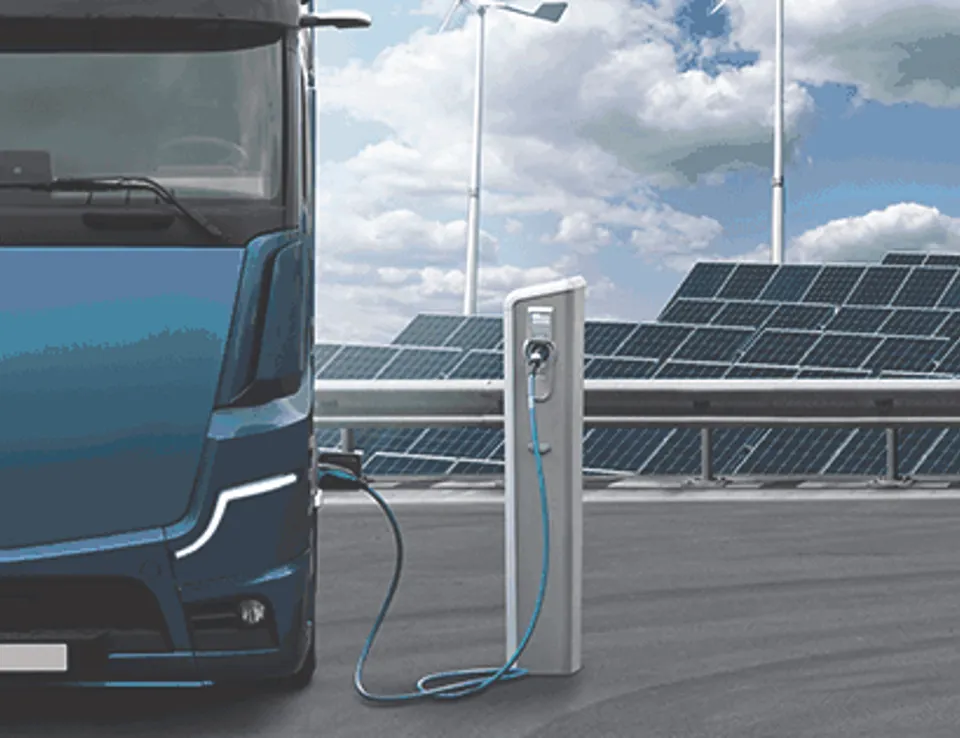 Electric Truck Charging Background Solar Panels
