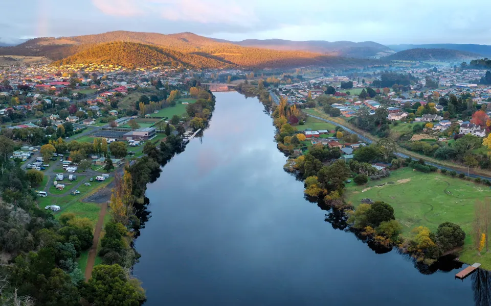 A Panoramic Shot Of New Norfolk Town In Tasmania, Australia During Sunrise