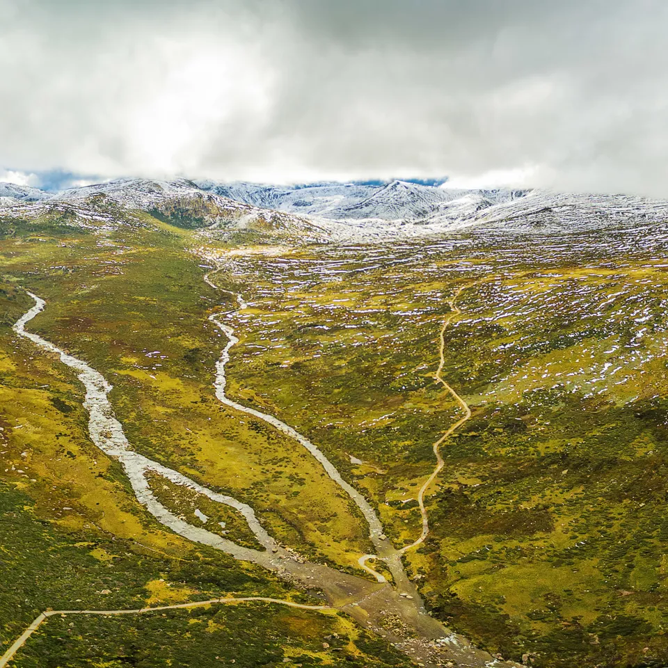 Aerial Panorama Of Snowy River And Mountains In Australian Alps, Australia