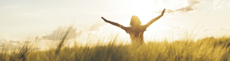 Person in a field of crops with their arms outstretched upward