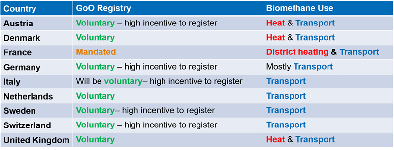 Table highlighting the GoO registry status