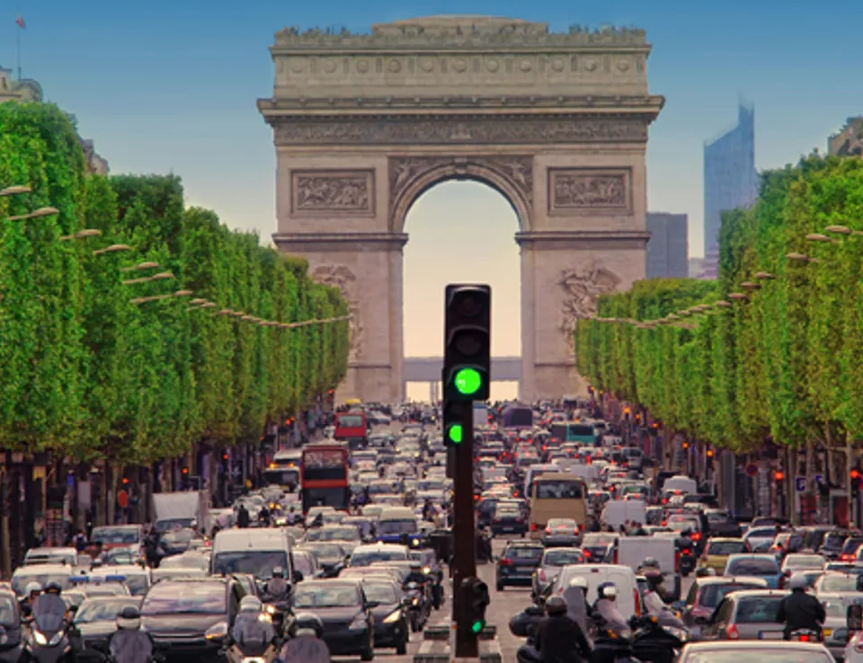 Traffic With Arc De Triomphe In Background Day Time