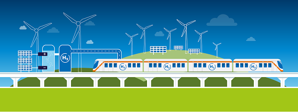 Illustration of a hydrogen train bring filled with green hydrogen from an electrolyser generated from renewable electricity (solar panels and wind turbines in the background)
